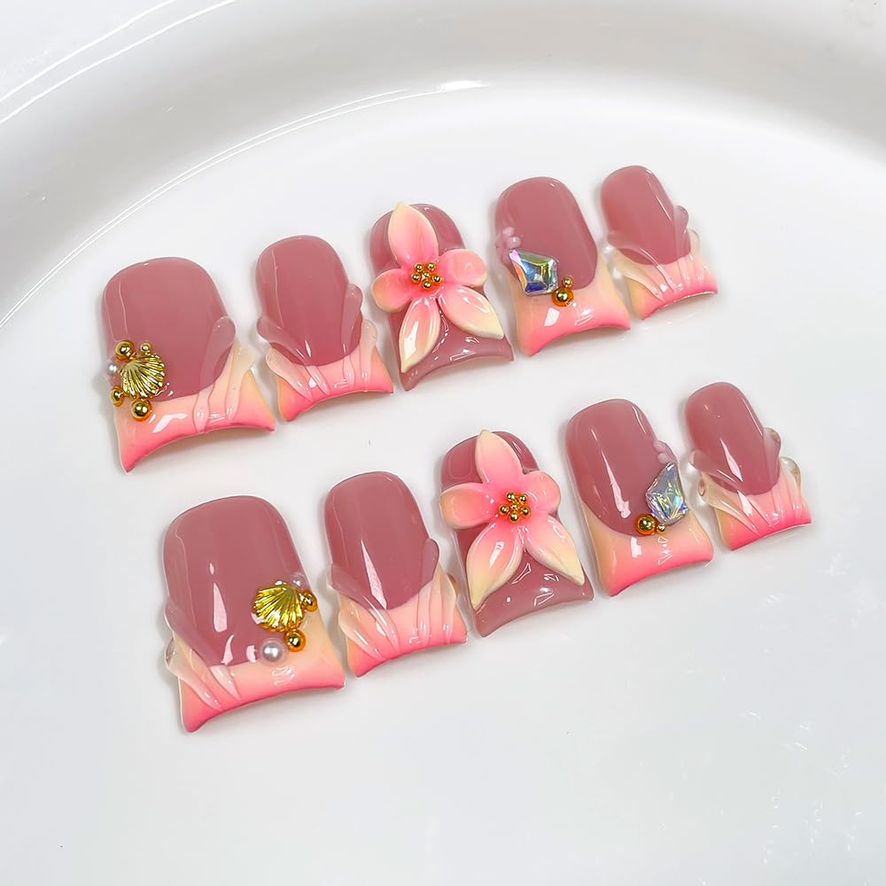 Handmade press on nails Duck Medium Fake Nails Pink French False Nails with 3D Flower Designs luxury Beach Charm Acrylic Nails for Women 10pcs (Size M）