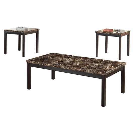 Lexicon Tempe 3-Piece Faux Marble Coffee Table Set, Brown Marble Look Top with Black Metal Frame, Modern Living Room Set with 1 Cocktail Table & 2 End Tables