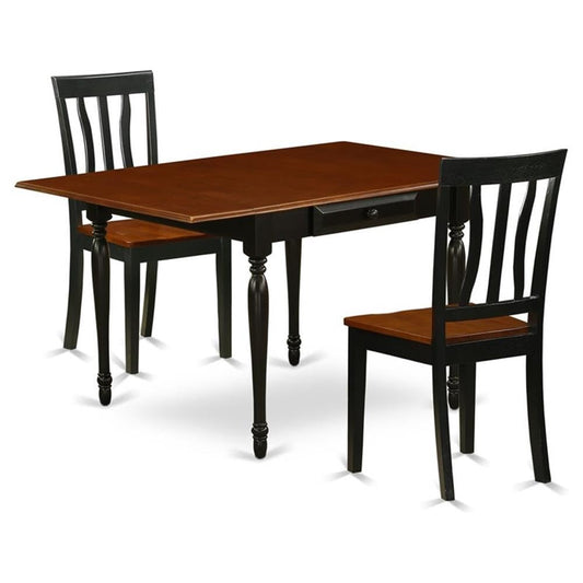 East West Furniture MZAN3-BCH-W 3 Piece Dining Table Set for Small Spaces Contains a Rectangle Dining Room Table with Dropleaf and 2 Wood Seat Chairs, 36x54 Inch, Black & Cherry