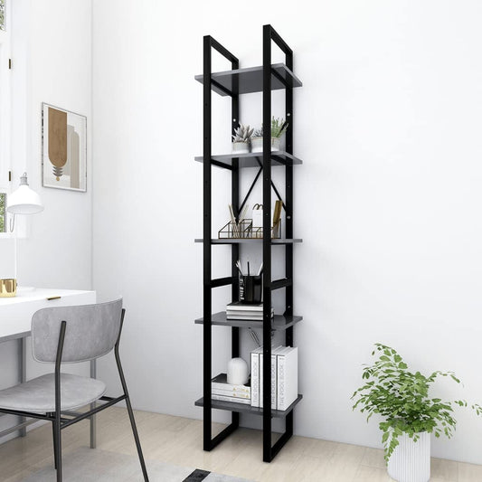 loibinfen 5-Tier Book Cabinet with Metal Frame, 5-Tier Ladder Shelf, Vintage Industrial Style Bookcase for Home Decor,Tall Bookshelf with Open Display Shelves, Gray 15.7"x11.8"x68.9" -191