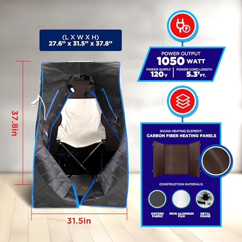 TopMaster Foldable Infrared Sauna, Portable Sauna for Home, Sauna Tent Sauna Box Portable, Indoor Portable Sauna with Foldable Chair, Wired Controller - Sauna Box for Home 1050W Power, Max 140°F Black