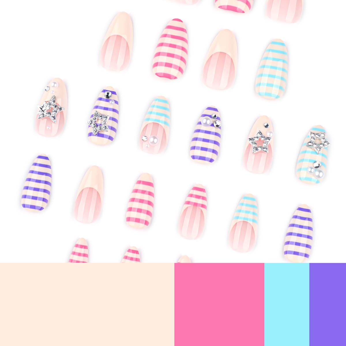 Short Almond Press on Nails Y2K Fake Nails Press ons with 3D Star & Pearl Designs, Colorful Striped False Nails Glossy Acrylic Full Cover Glue on Nails for Women Manicure 24Pcs