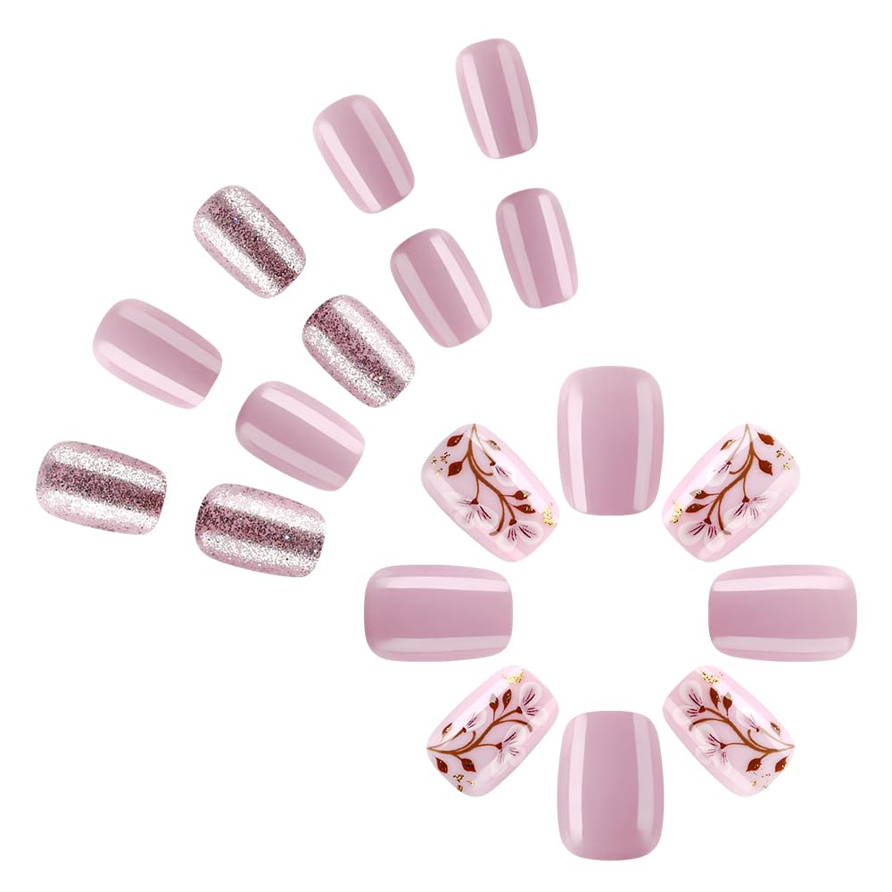 Taoyisent Nude Pink Press On Nails Short Square Glossy, Floral Glitter Fake Nails with Elegant Blossom Design, Reusable Full Cover Stick On Nails for Women Wedding Office Daily Wear, 24PCS