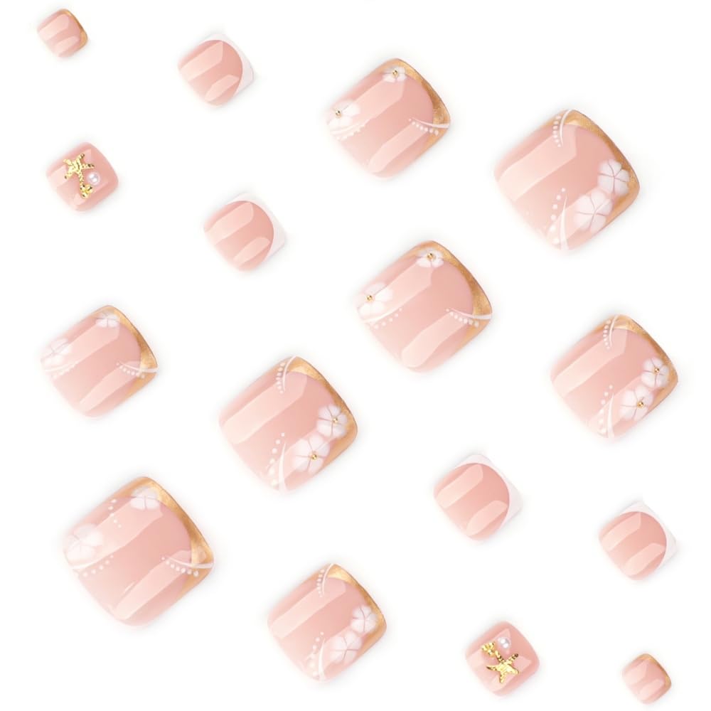 Press on Toenails Gold Fake Toenails French Tip False Toe nails Press ons with Design Floral 3D Starfish Glue on Toe Nail Acrylic Stick on Toenail for Women 24Pcs