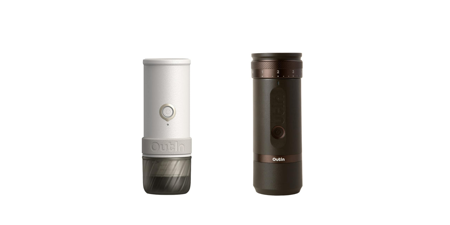 OutIn Mino with Fino, Portable Electric Espresso Machine with Portable Electric Coffee Grinder (White & Brown)