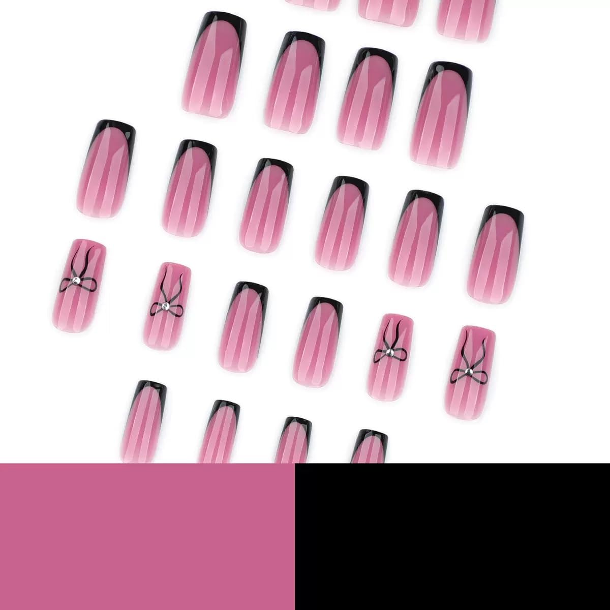 CTTHNBD Square Press on Nails Medium - Black French Tip Fake Nails with Bow Design - Nude Pink, Glossy False Nails for Women - 24 Pcs