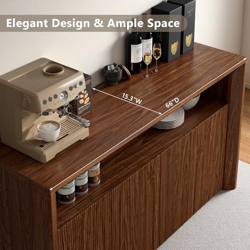 Feonase 66.2" Buffet Cabinet with Storage & Led Lights, Modern Sideboard Cabinet with 4 Doors & Shelves, Fluted Media Console Mid Century, Coffee Bar Table for Living Room Kitchen Dining Room, Walnut