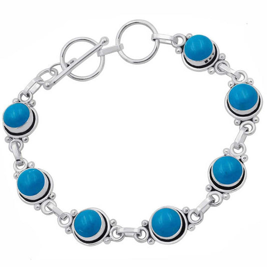 Synthetic Blue Turquoise 925 Silver Plated Adjustable Bracelet for Women - Round Gemstone Bohemian Vintage Style Handmade Link Bracelet - Gifts for Mom Wife Sister Her