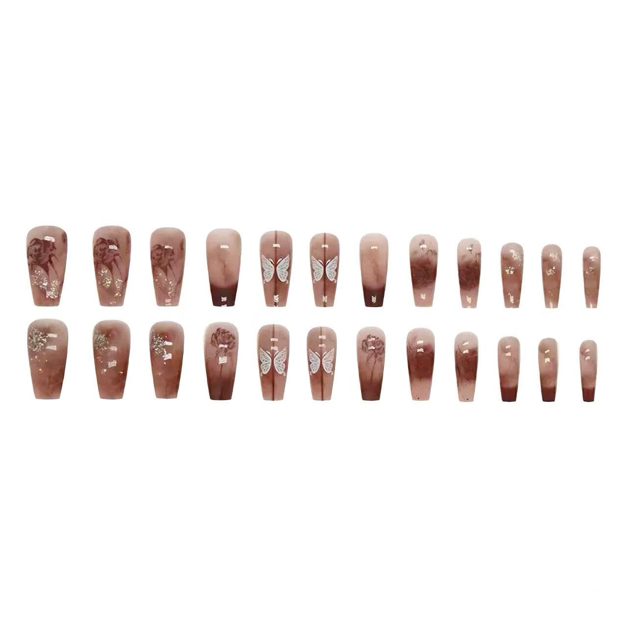 C.Z.Z.T.T.NAILS Press On Nails, 24 Pieces, Brown Gradient with Butterfly Design, Rose Gold Glitter, Almond Shaped, Shimmery Finish, DIY Party Nail Kit, Reusable Artificial Nails with Jelly Glue