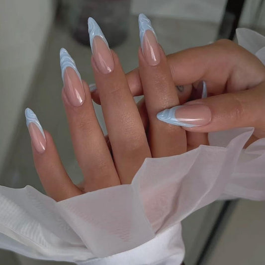 Handmade French Tip Press on Nails Medium Almond Fake Nails with Designs Blue French Tip False Nails Press ons on Nails for Women Manicure 10pcs (MT-120-S)