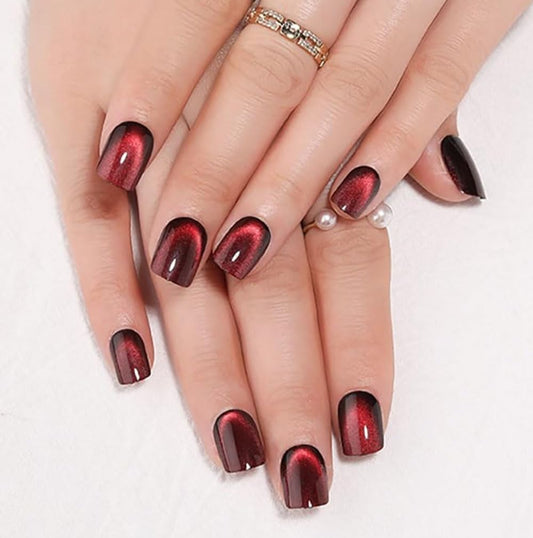 evpct Wine Red Cat Eye Extra Short Press on Nails Square No Glue, Petite Short Square Stick on Nails for Women, Black Wine Red Metallic Glitter Glossy Reusable Press on Acrylic Fake Nail with Designs