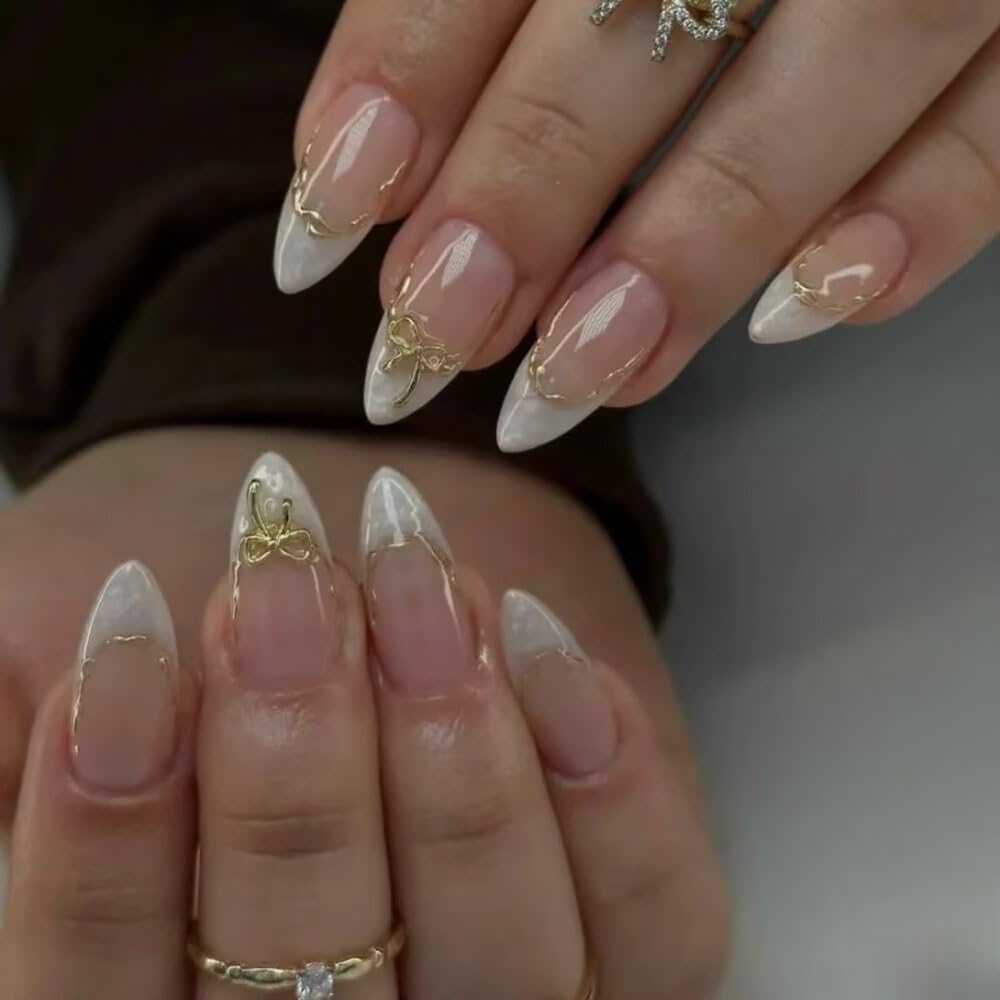 MAGLFELL Press On Nails - Handmade Almond Fake Nails, Cute French Bow Design, Reusable Artificial Almond False Nails for Women 10 Pcs 3D Acrylic Nails Kit (Size S)