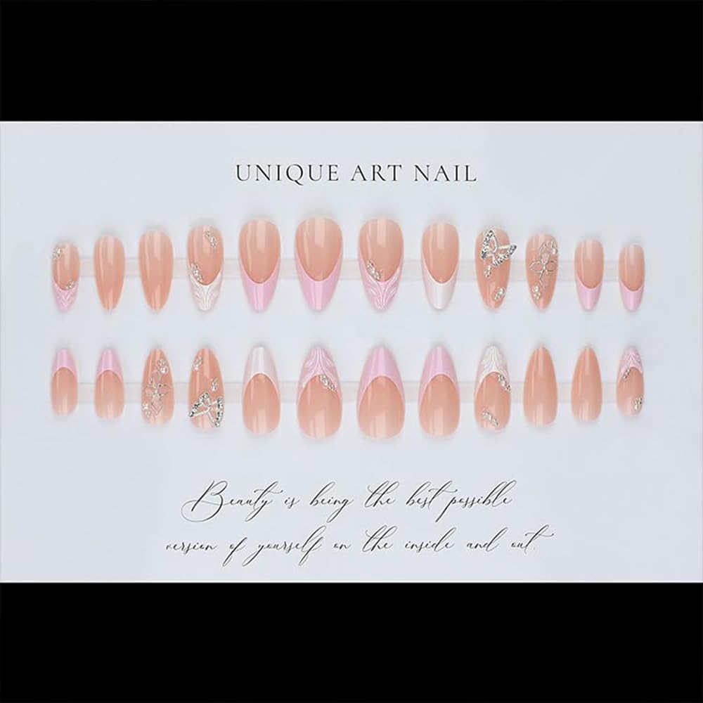 French Tip Press on Nails Medium Almond Fake Nails with Glossy Bow Designs Silver Flower False Nails Sppring Holiday Nails Press ons Reusable Full Cover Glue on Nails Artificial Nails for Women