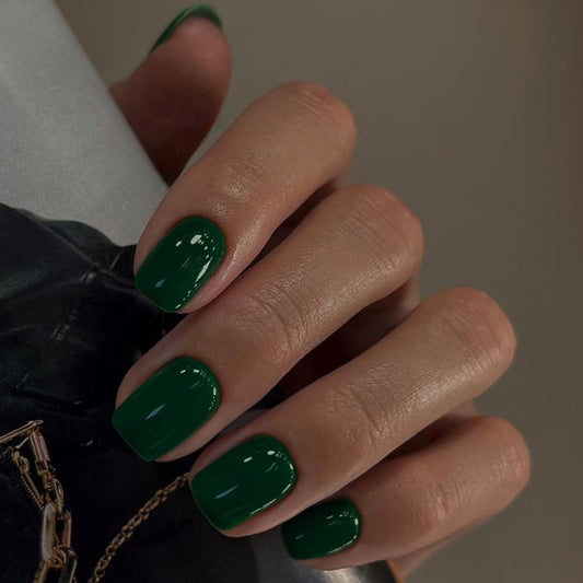 Emerald Green Press on Nails Short Square, Natural Gel Nails Glue on Fall Colors 2025 Trendy Acrylic Nails Press ons Featured Protective Coat Thick Reusable Fake Nails 24Pcs Short Coffin Nails