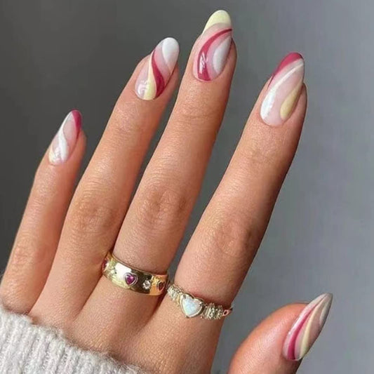 YoYoee Short French False Nails Tips - Almond Press on Nails Full Cover Swirl Fake Nails Color Cute Nails Tips for Women and Girls 24Pcs