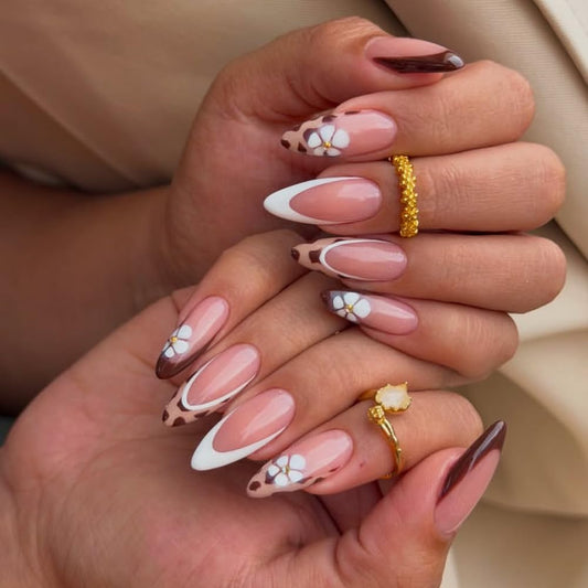 MINGCHUN Pink Press on Nails Medium Almond French Tip Fake Nails Press ons Acrylic Nail Art Kit Full Cover False Nails Glue on Nails with Leopard Flower Glossy Design for Women Nail Supplies 24Pcs