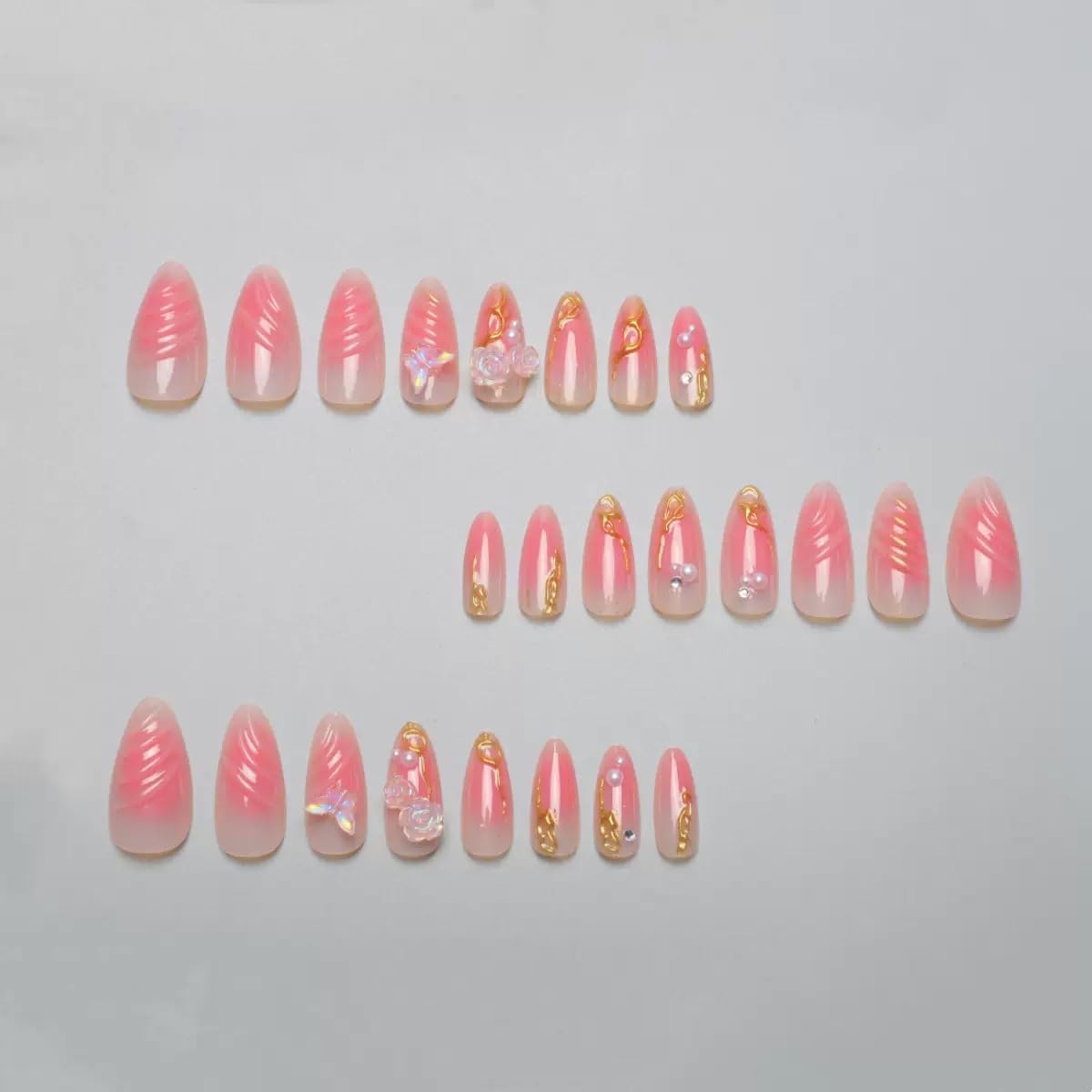Pink Press on Nails Medium Almond Fake Nails 3D Flowers Butterfly Acrylic Nails Gradient False Nails Gold Line Artificial Nails Press ons with Pearl Designs Ombre Glue on Nails for Women Girls 24Pcs