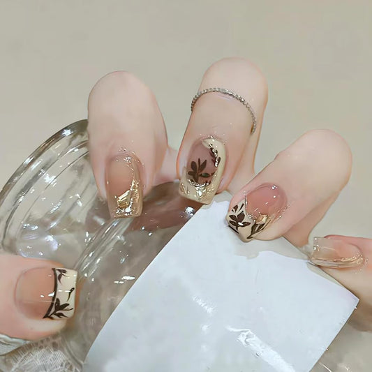 Thanksgiving Press on Short Nails Square Shaped Acrylic Glossy Full Cover Square Fall False Nails with Maple Leaf Designs Artificial Autumn Leaves Glue ons Square Fake Nails for Women Girls(LZ274)
