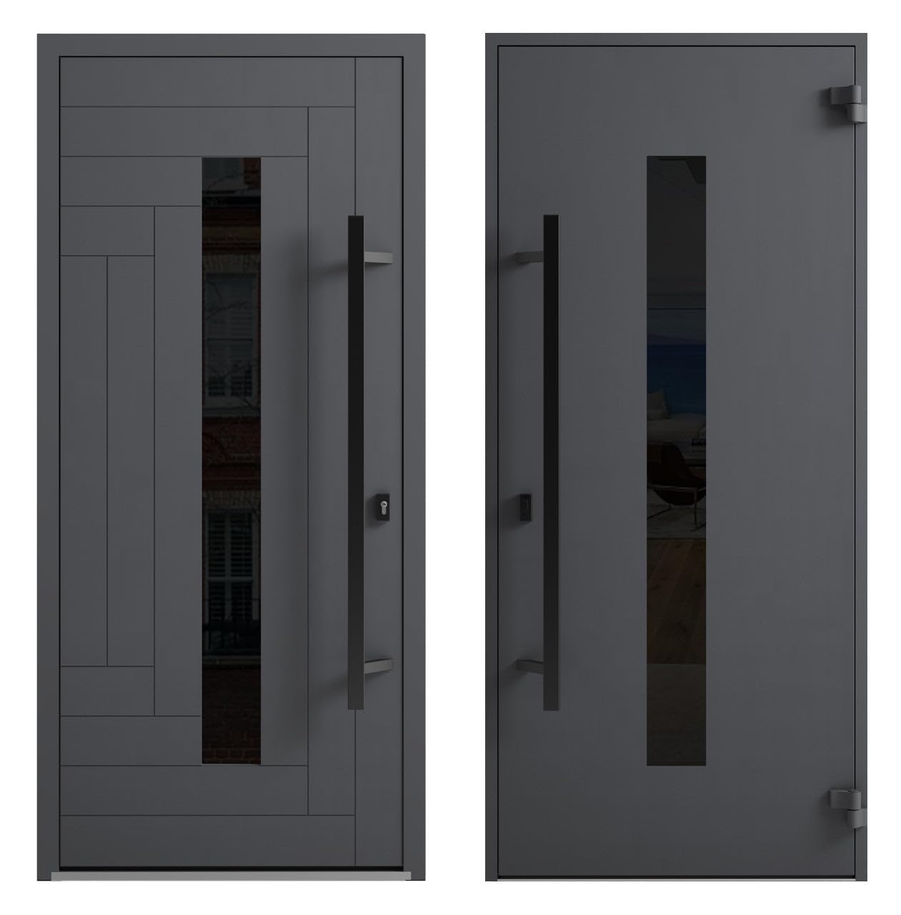 VDOMDOORS Front Exterior Prehung Steel Door/Ronex 0130 Grey / 2 Side and Top Exterior Window Sidelite/Entry Metal Modern Painted W16+36+16" x H80+16" Right Hand Inswing