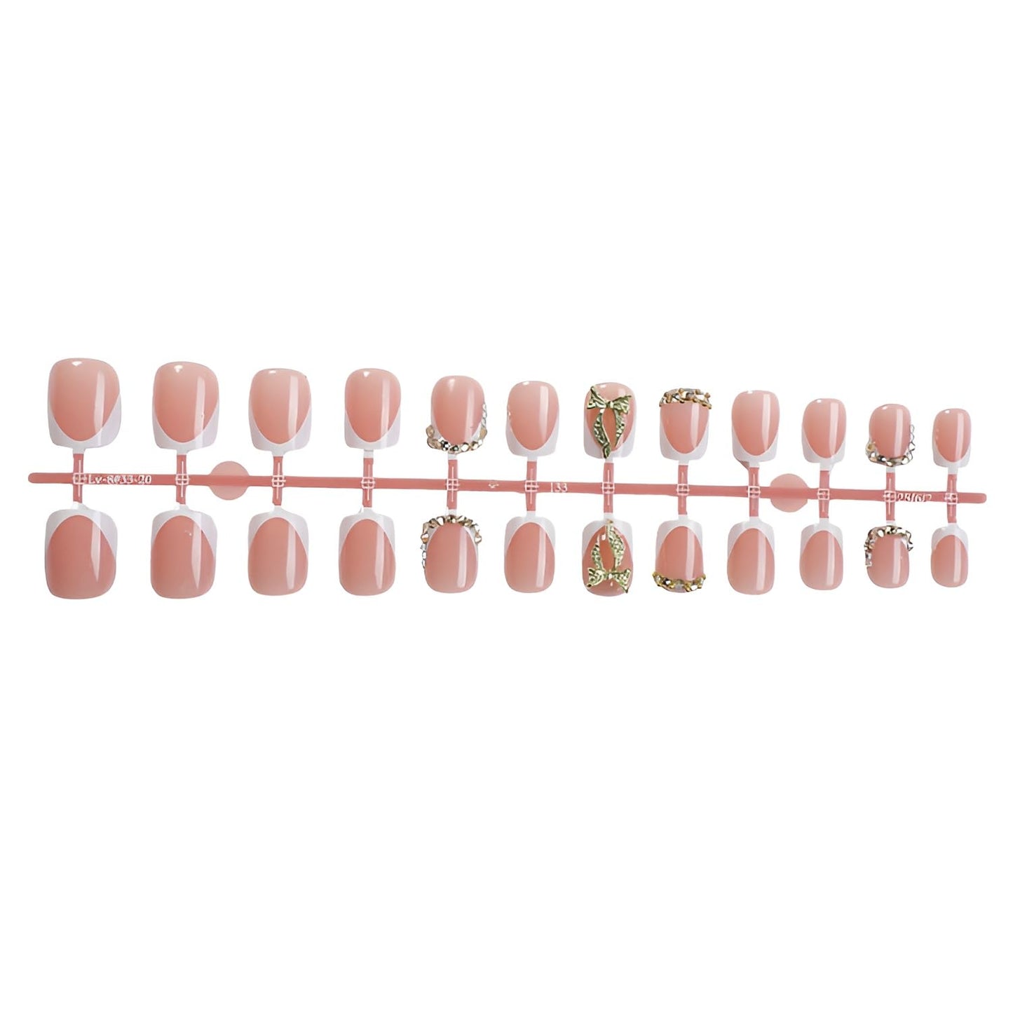 24Pcs French Tip Press on Nails Short Square Fake Nails Gold 3D Bow Nails Press Ons Glossy False Nails with Rhinestones Design White Nude Glue on Nail DIY Stick on Nail Decoration Set