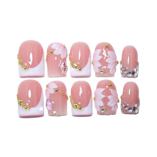 10Pcs Short Square Handmade Press On Nails | Easy Apply & Remove, Reusable Salon Quality Nails | Elegant Blush Pink Fake Nails with 3D Sakura Flower, Gold Seashell & Rhinestone Accents (O912, M)