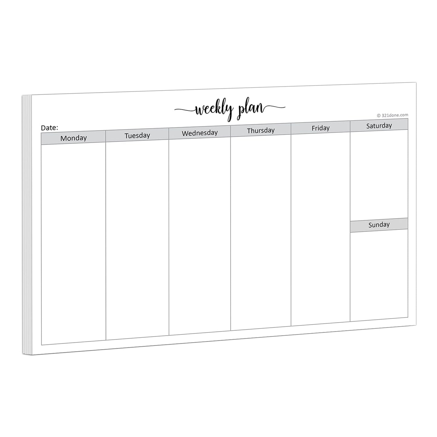 321Done Weekly Planning Notepad Landscape - 50 Sheets (8.5" x 5.5") - Horizontal Weekly Days of Week Paper Note Pad, Planner Organizing - Made in USA - Simple Script