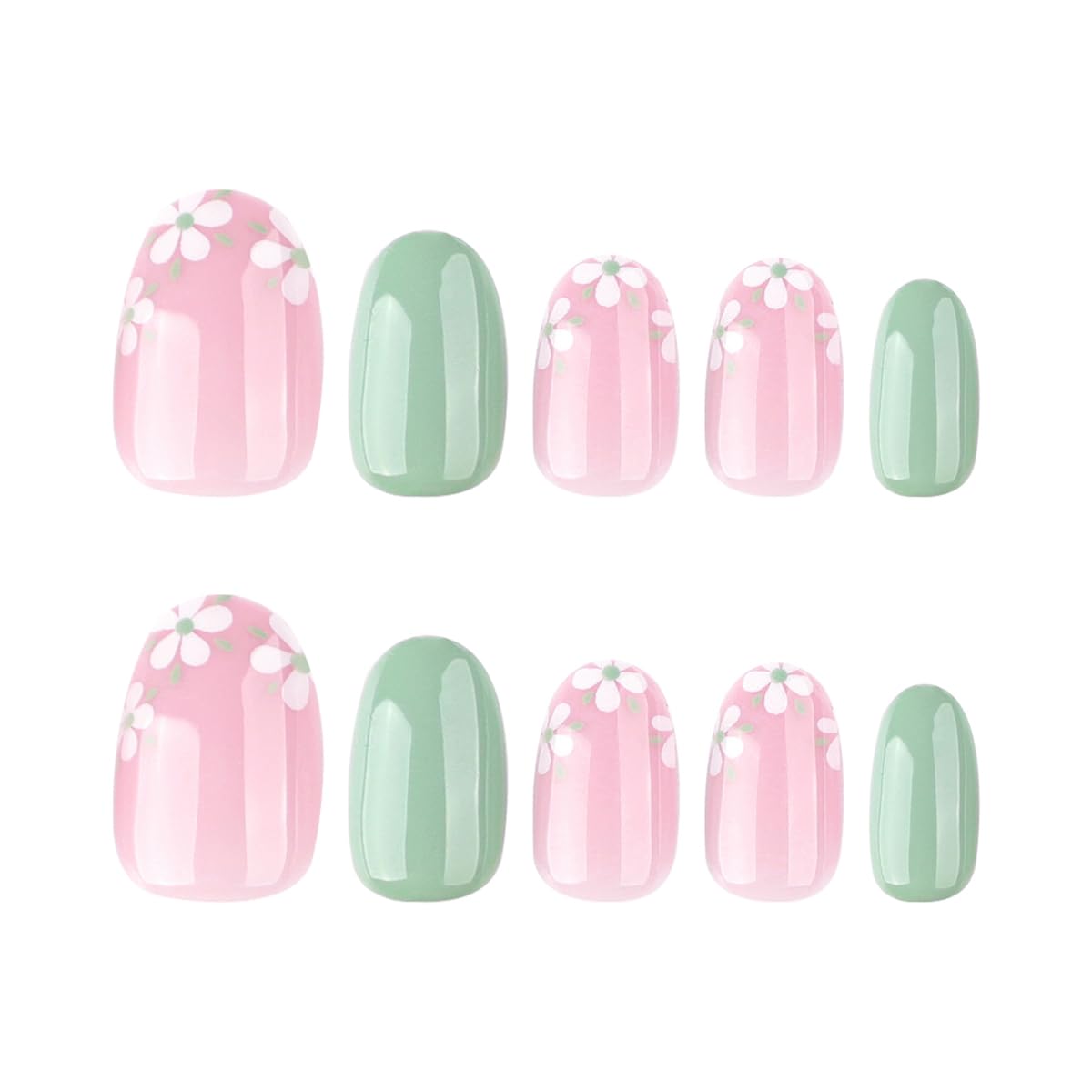 Green Press on Nails Short Oval Fake Nails Spring Summer Nails Press ons with Flower Design Reusable Artificial Nail Full Cover Stick on Nails for Women Manicure 24Pcs