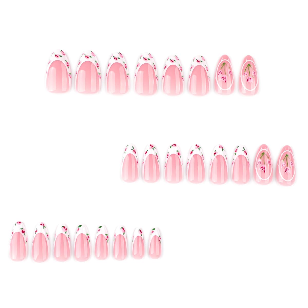 Press on Nails and Toenails Set - 48Pcs Medium Almond French Tip Fake Nails, Nude Pink Base with Tulip Floral Design, Reusable Glue on Nails for Women, Spring Summer Manicure & Pedicure Nail Kit