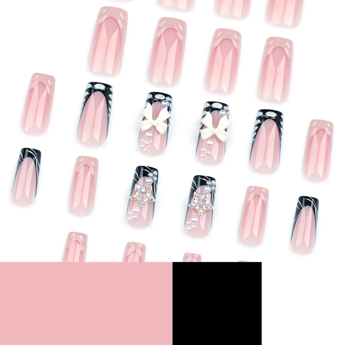 Medium Square Press on Nails Bow Fake Nails Black French Tip False Nails Press ons with 3D Bow Star Pearls Designs Reusable Acrylic Nails Full Cover Artificial Stick on Nails for Women Manicure 24Pcs