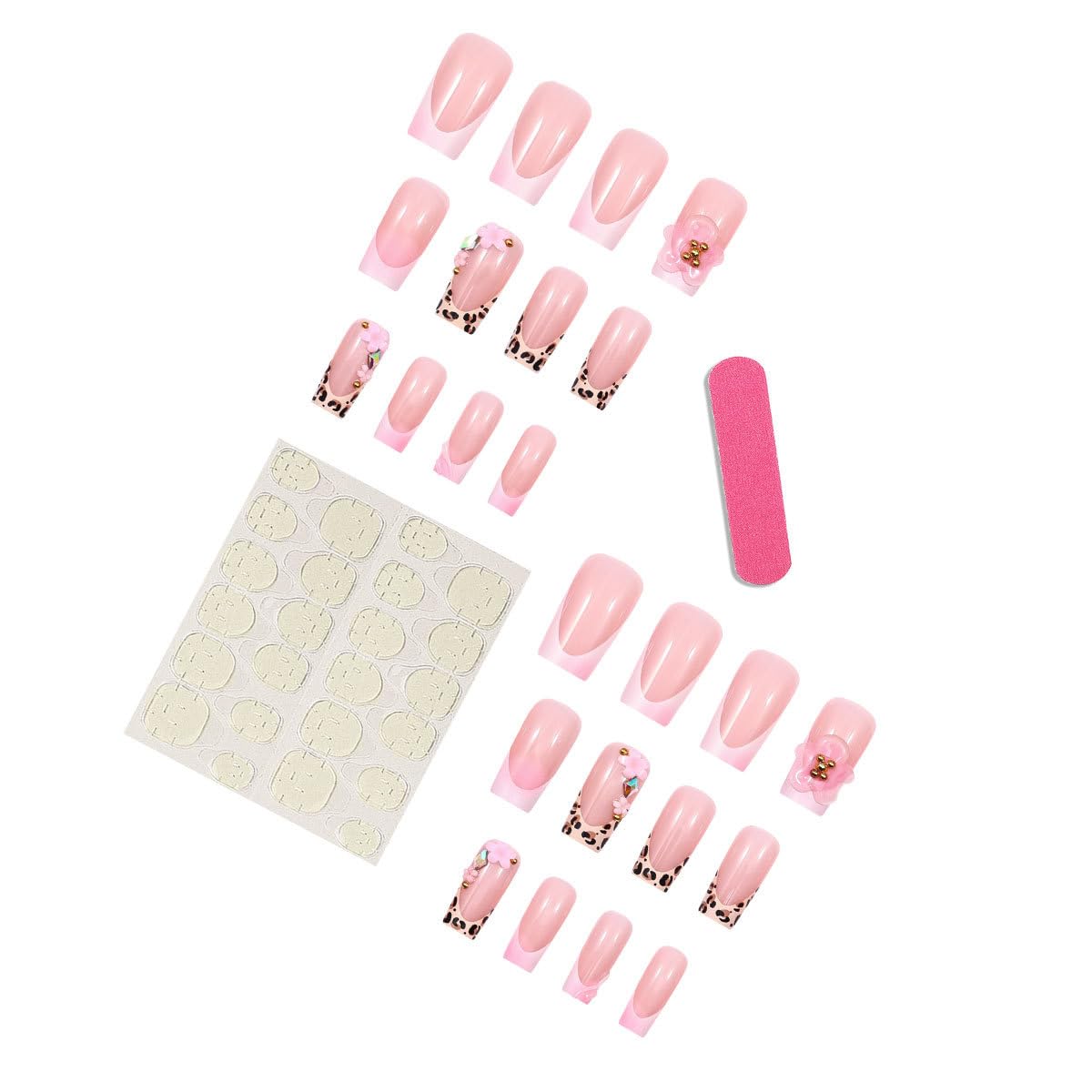 24Pcs 3D French Tip Press on Nails Long Square Flower Fake Nails with Rhinestones Design Pink False Nails Leopard Coffin Tip Stick on Nail Spring Summer Acrylic Nail Floral Glue on Nails for Women