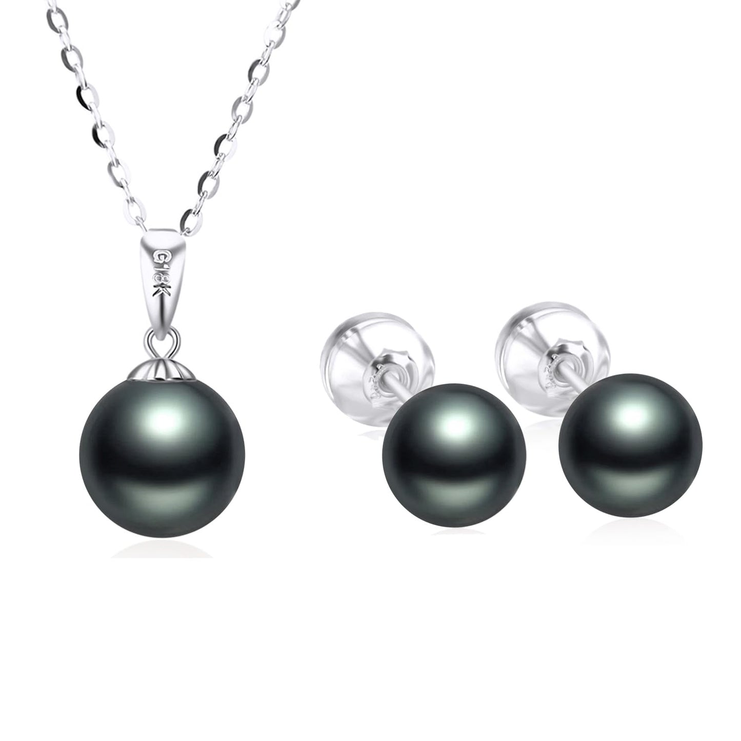 14k White Gold Simualted Black Pearl Necklace and 18k Earrings Set for Women