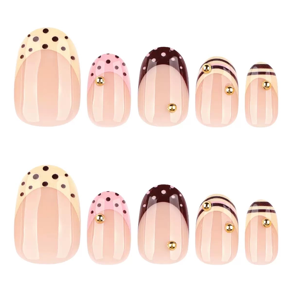CTTHNBD Short Press on Nails - French Tip Fake Nails with Polka Dot Design - Round False Nails Press ons - for Women 24 Pcs