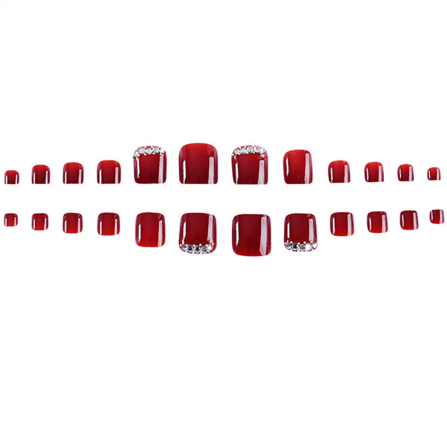 Press on Toenails Red Fake Toe Nails Rhinestones False Toenails Glossy Full Cover Acrylic Glue on Toenails with Designs Cute Toe Press on Nails Artificial Stick on Toenails for Women Manicure 24Pcs