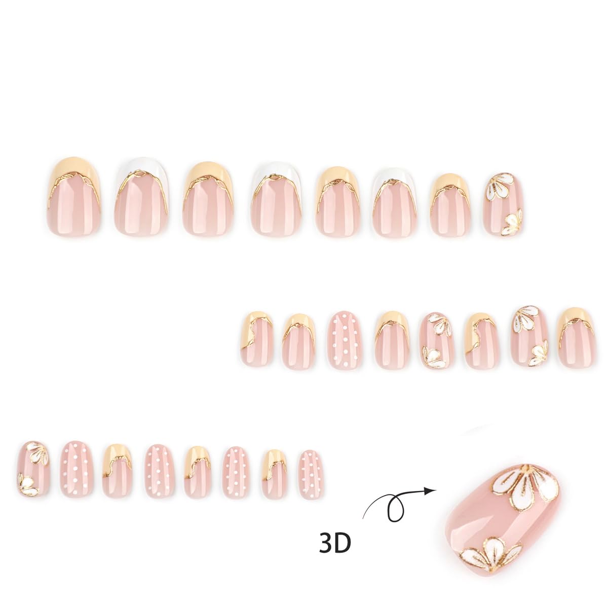 French Tip Press on Nails with Gold Line & White Flower Designs, Short Oval Cute Polka Dot Fake Nails, Spring Summer False Nails, Reusable Stick on Nails for Women Manicure 12 Sizes - 24 Pcs