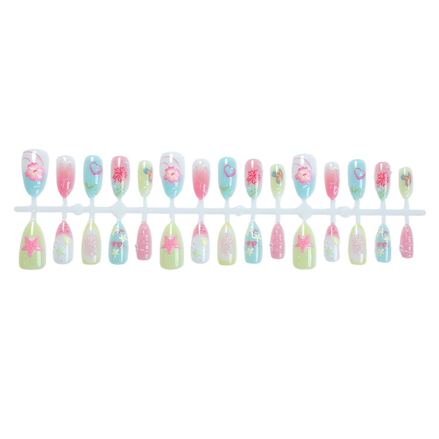 30Pcs Flower Press On Nails Medium Almond Nails With 3D Colorful Summer Sea Starfish Designs French Tips & Cute Heart Lemon False Nails Ocean Beach Press Ons Handmade Nails Pearl for Spring