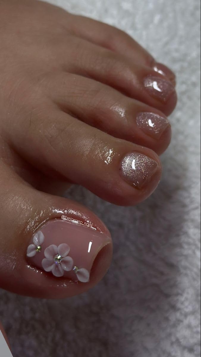 Handmade Press on Toenails Nude Short Square Fake Toenails with 3D Flower & Rhinestone Muti-Layer Gel Thick Stick on Toe Nail Glitter Full Cover Acrylic Nails for Women Daily Wear & Parties (M)