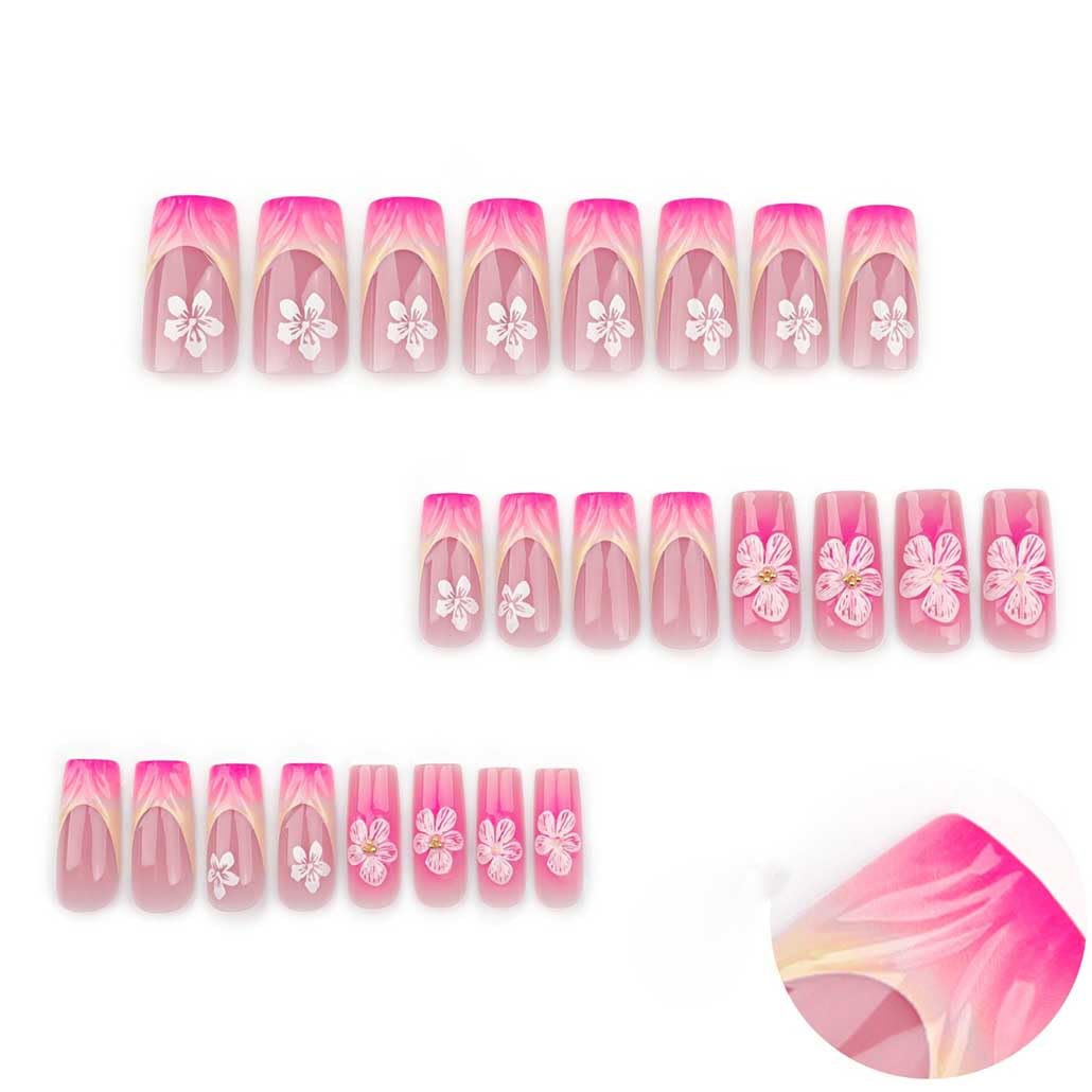 Foccna French Press on Nails Medium Long Pink Fake Nails Square Bling Glossy 3D Flower Design False Nail Tips Artificial Nails Finger Manicure for Women and Girls-24pcs