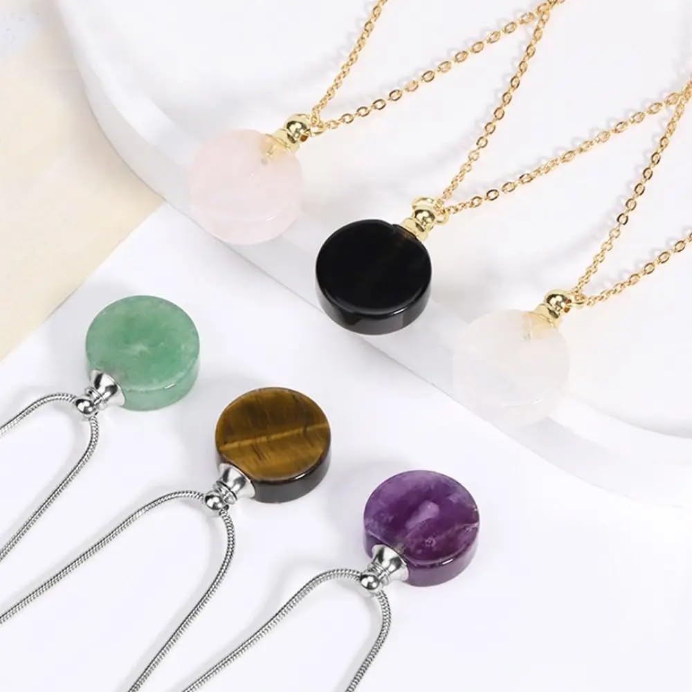 925 Sterling Silver Essential Oil Necklace For Women And Men, 14K Gold Filled Natural Stone Round Perfume Bottle Necklace, Essentials Oil Diffuser Vial Necklace (5 - Essential Oil Necklace)