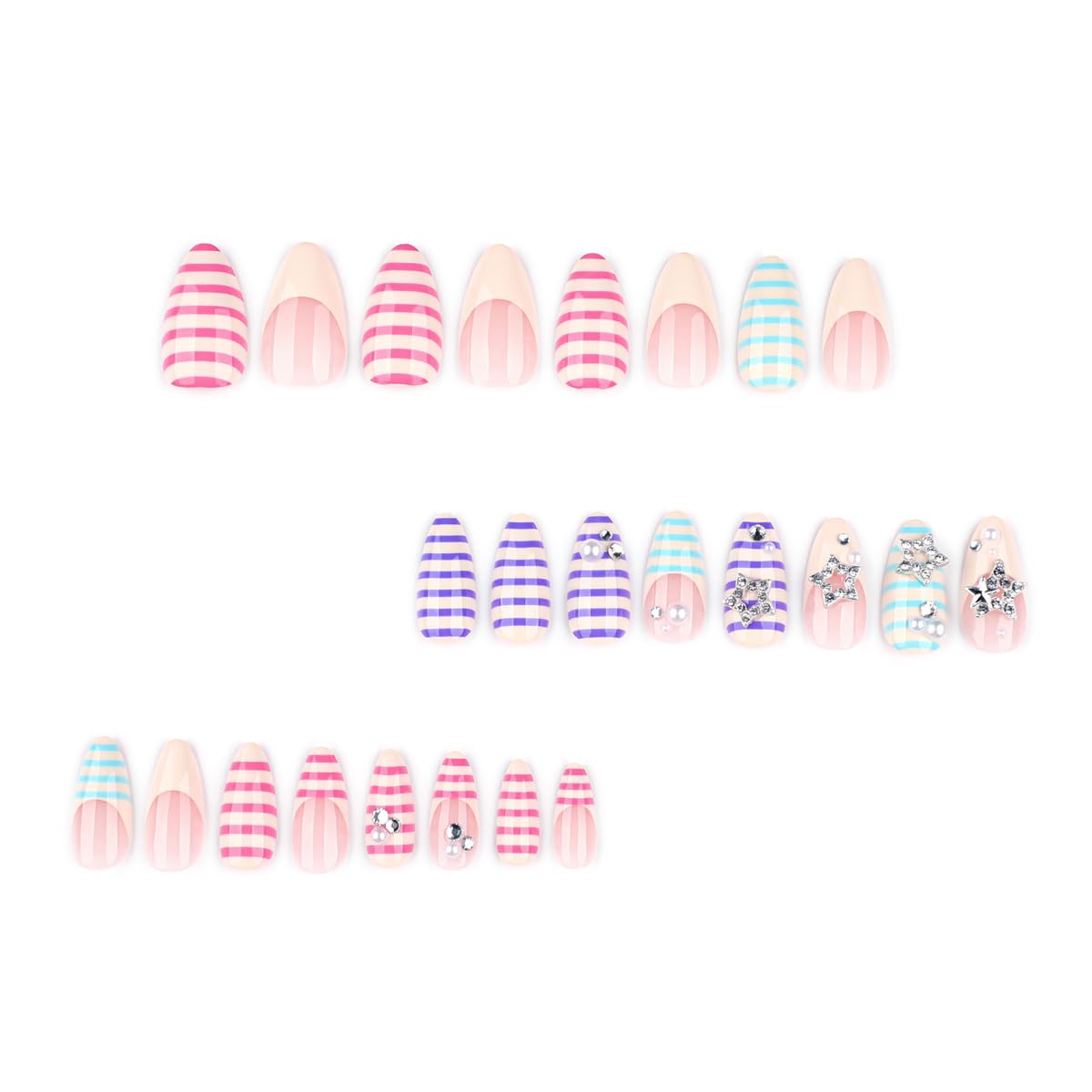 Short Almond Press on Nails Y2K Fake Nails Press ons with 3D Star & Pearl Designs, Colorful Striped False Nails Glossy Acrylic Full Cover Glue on Nails for Women Manicure 24Pcs