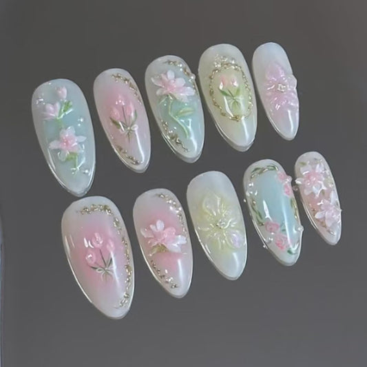 Mkwntg 24Pcs Gradient Press on Nails Medium Almond Fake Nails 3D Light Flower Blush Pearl Shimmer False Nails Pink Blue White Glue on Nails Reusable Acrylic Spring Floral Stick on Nail for Women