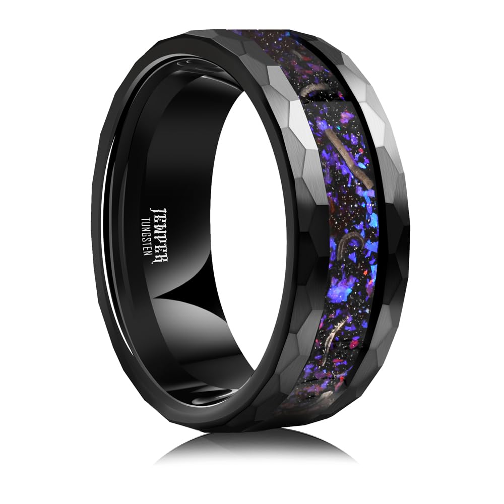 JEWPER 8mm Men Womens Wedding Band Tungsten Rings Black Blue Hammer pattern Fashion Promise Carbide Inlaid Milky Way Foil Iron Filings Matte Finish Edge Comfort Fit Size(12)