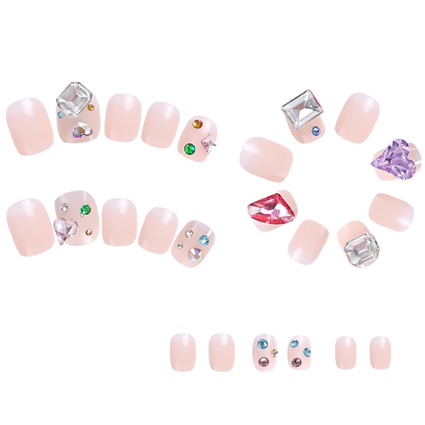 Vezocim Press on Nails Square Short Pink 24Pcs Press on Nails with Heart Rhinestone Gems Designs Glossy Full Cover Acrylic Short Coffin False Nails Glue Fingernails Artificial Fake Nails for Women