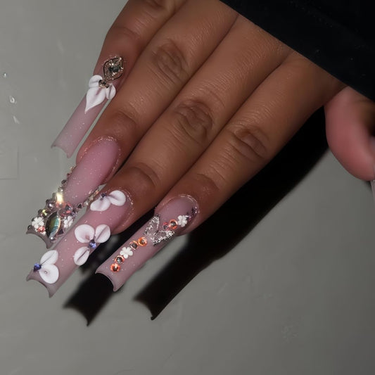 Long Press on Nails Square Fake Nails Pink Acrylic Nail Press Ons Seeneey Rhinestones and Flowers Designs Stick on Nail for Women 24pcs