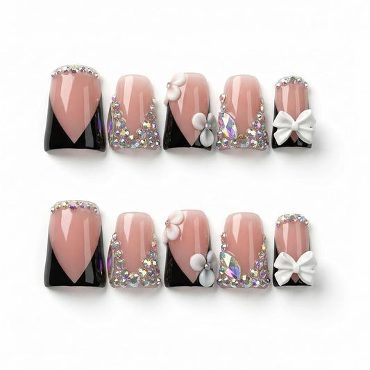Haozerart Luxury Handmade Press-on Nails, 10 Pcs Short Square Black V French Tip Fake Nails with Rhinestones & White Bow, Reusable Nail Kit for Women M Size