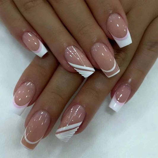 Foccna Pink French Press on Nails Medium, White Fake Nails Square Acrylic False Pink Nails,French Artificial Nails for Women and Girls,24 pcs
