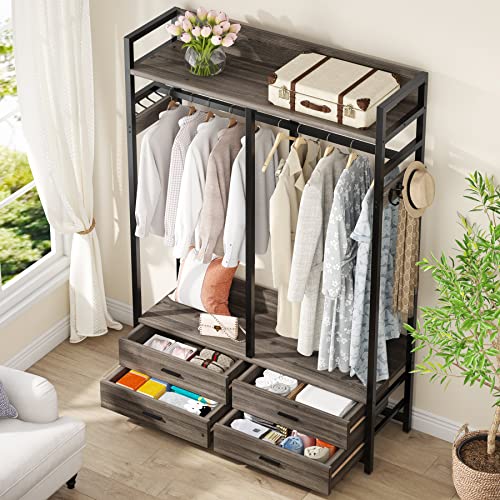 LITTLE TREE Clothes Rack, Heavy Duty Garment Rack with 4 Drawers, 8 Hooks and Storage Shelves, Wardrobe Closet Storage Rack for Bedroom, Living Room, Grey