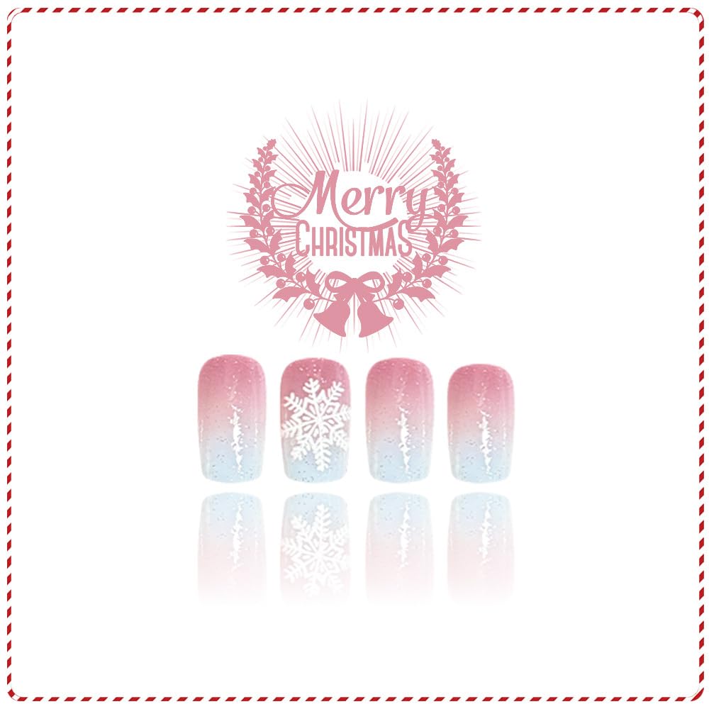 Christmas French Tip Press on Nails Square Medium Snowflake Fake Nails Winter Nude Pink Gradient Glitter False Nail Full Cover Reusable Acrylic Nails Christmas Glue on Manicure for Women 24Pcs