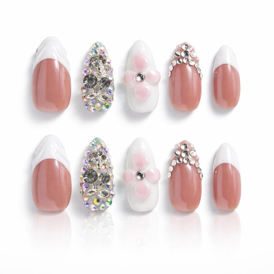 IntoVibes 10 Pieces Handmade Press On Nails Medium Almond, White Thickened False French Nails, Rhinestone And Flower, Reusable Fake Nails Almond, Reusable Acrylic Nails (M)