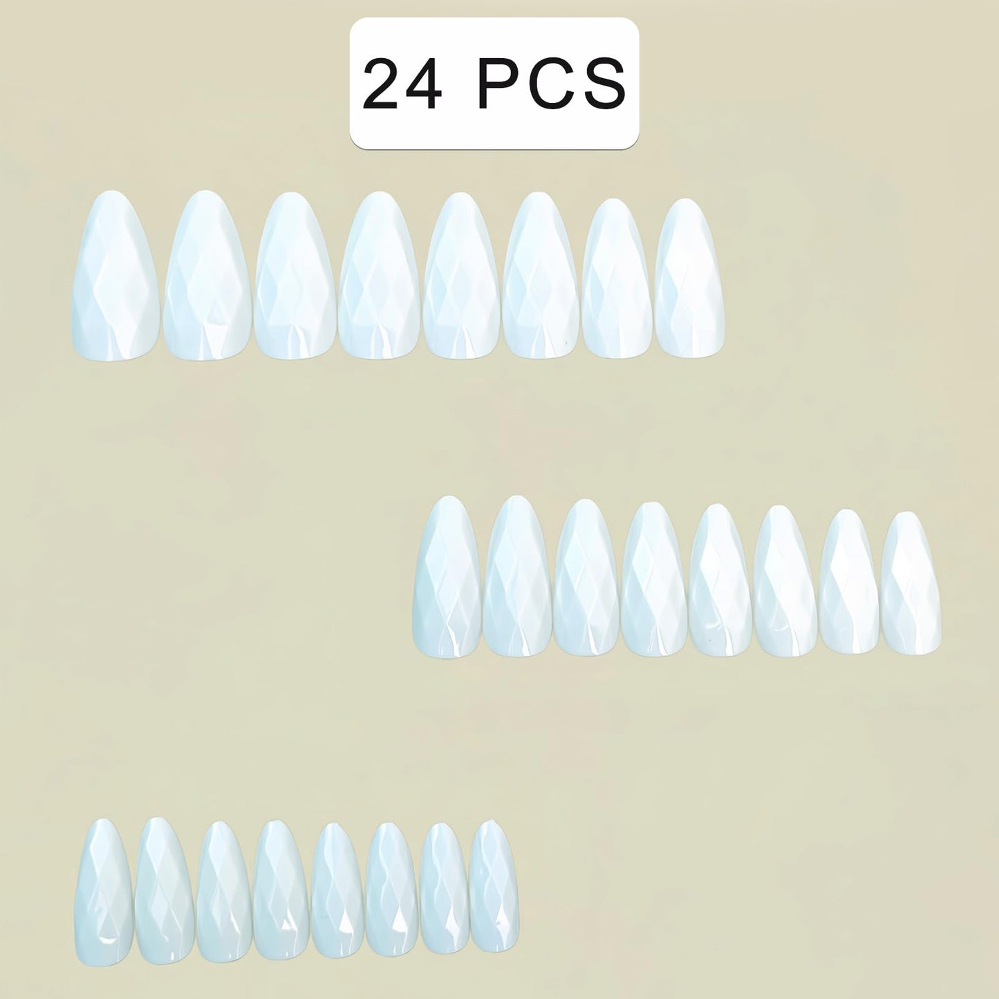 White Rhombus Electroplated Press on Nails Almond Fake Nails Designs 3D Mirrored Metal False Nails Pure White Full Chrome Diamond Grid Cover for Women Girls Daily Wearable Manicure Decoration 24Pcs