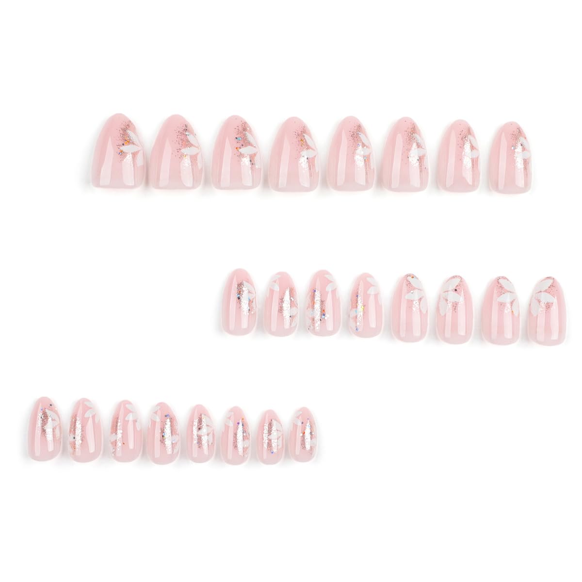 Glitter Pink Press on Nails with Flower Designs, Cute Pink Fake Nails Short Shaped French Tip Nude Acrylic Nails Gloss False Nails Reusable Glue on Nails for Women Girls 24Pcs